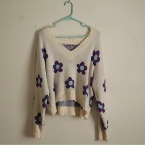 Distressed cream floral v-neck sweater